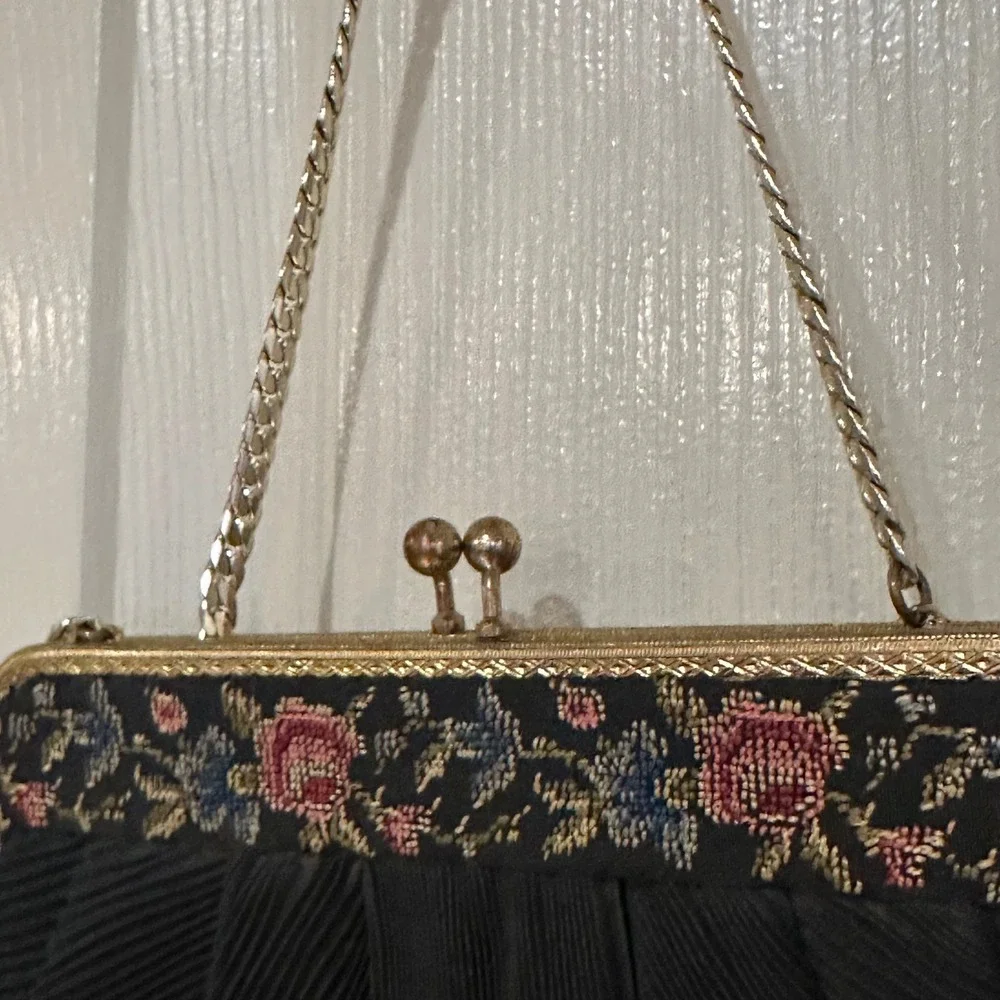 Vintage Black Pleated Evening Bag Floral Tapestry Gold Frame Kiss Lock Clutch